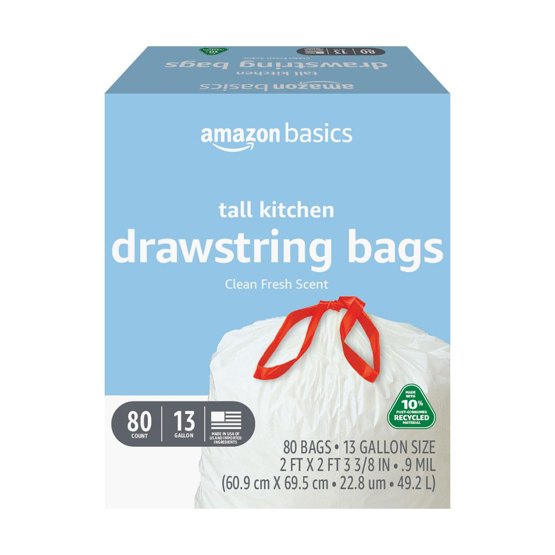 Amazon Basics 13 Gallon Tall Kitchen Drawstring Trash Bags, Clean Fresh Scent, 10% Post Consumer Recycled, 80 count