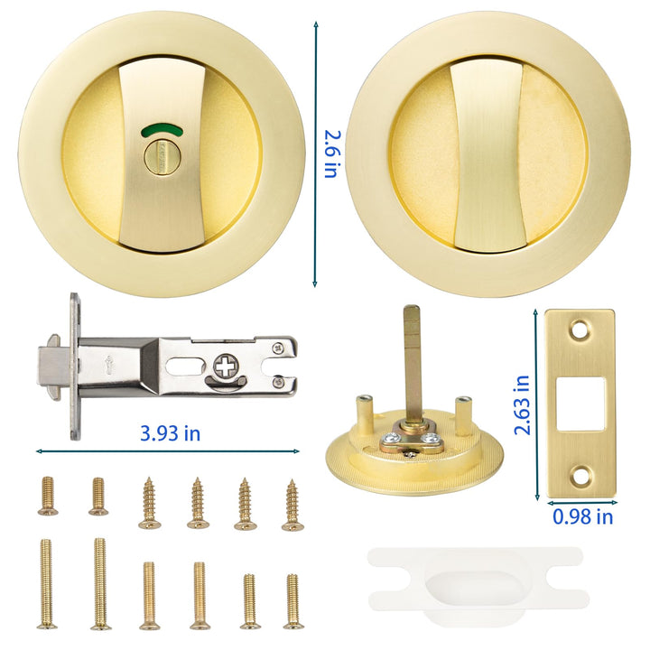 YZMLOL Brass Gold Pocket Door Lock,Brushed Gold Pocket Door Hardware,Round Pocket Door Lock with Color Coded Indicator,Privacy Flush Pocket Door Lock for Home, Bathroom and Bedroom.