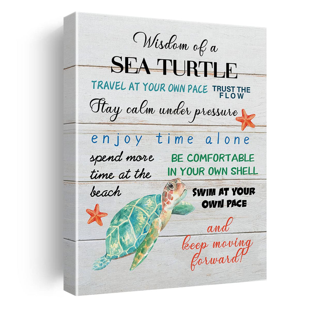 Inspirational Beach Canvas Wall Art Decor Wisdom of a Sea Turtle Poster Painting Framed Rustic Coastal Print Signs Picture for Home Room Decor 12 X 15 inch