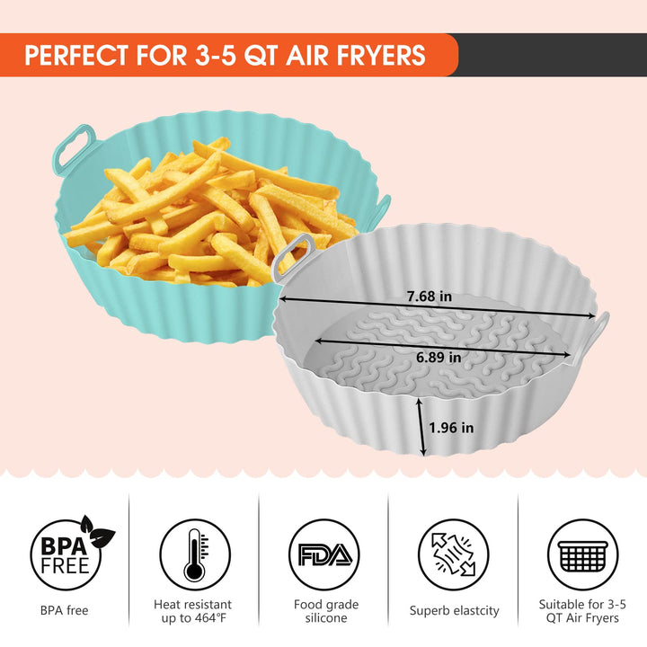 Hiyaloo 2Pcs Air Fryer Silicone Liners 7.5'' Round BPA Free Non Stick Silicone Reusable Parchment Paper Replacement Fits 3-5QT Air Fryer (Blue+Grey, 2), 7.68''x 6.89''x 1.96 ''