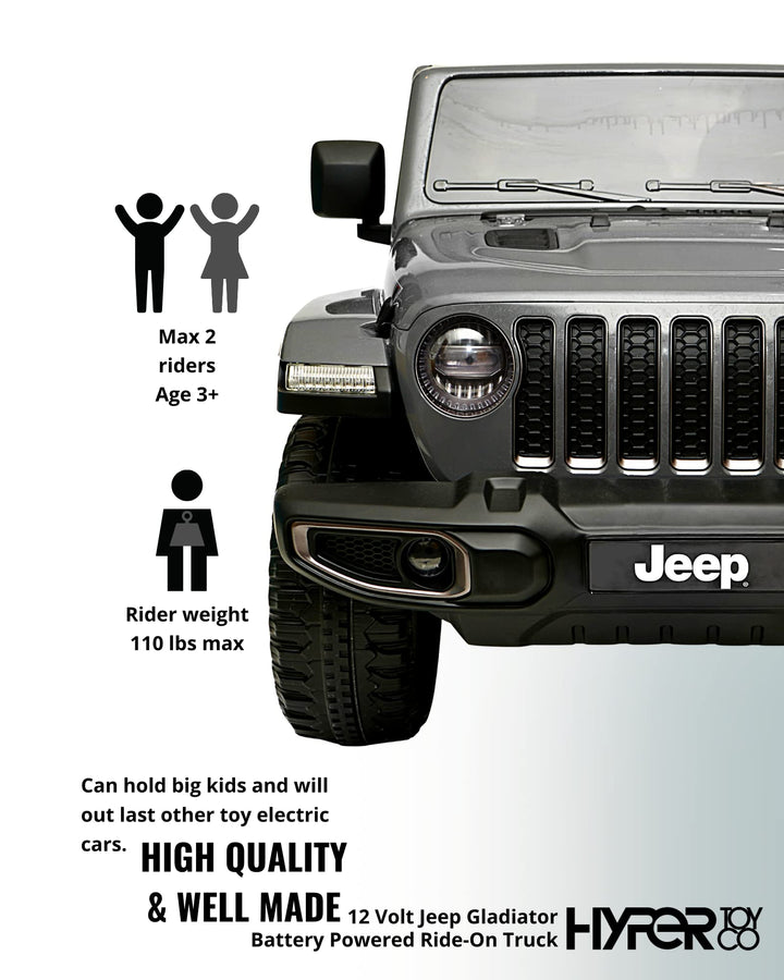 Hyper Jeep Gladiator 12V Kids Ride On Car, 2 Seater with Real Doors & Sound Controls, for Children Aged 3 and Up (Gray)