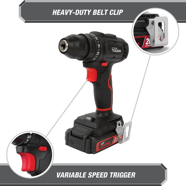 Hyper Tough 20V Max Brushless Cordless Drill Driver with 1.5Ah Lithium-Ion Battery and Charger