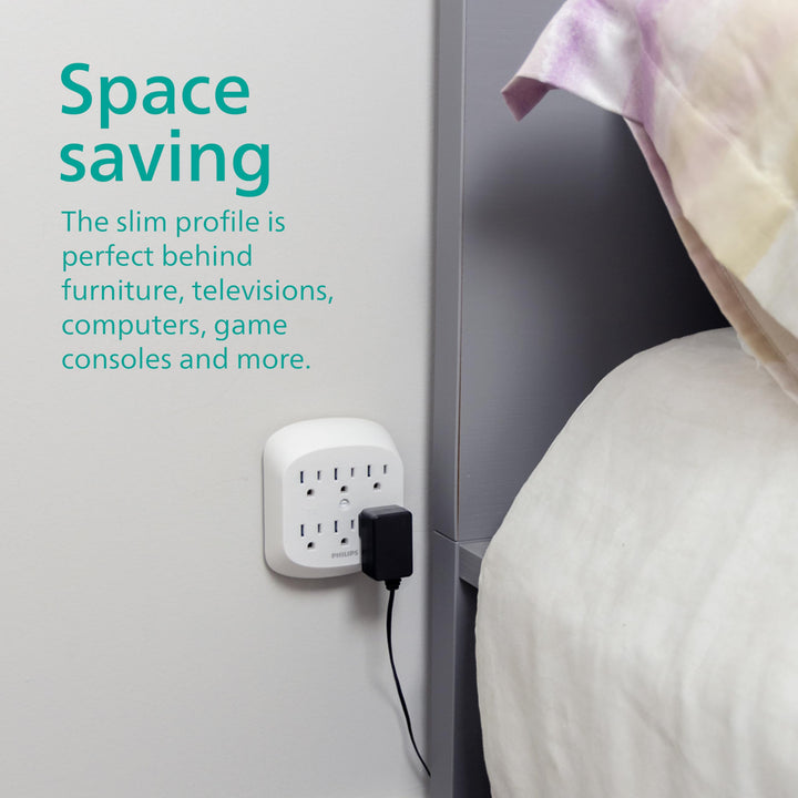 Philips 6 Outlet Grounded Power Tap, 3 Prong Wall Adapter, Automatic Soft Glow Night, Light-Sensing, Dusk to Dawn, UL Listed, White, SPP1060WA/37, 1 Pack