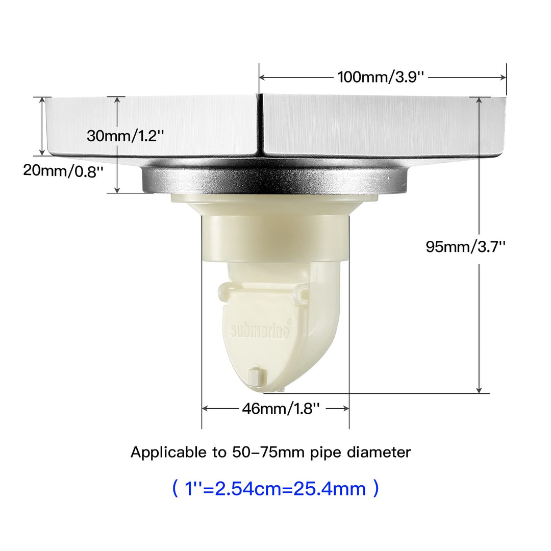 SUBMARINE Square Shower Drain 4 Inch, Shower Drain Cover Can be Embedded in Ceramic Tile, Built-in Hair Filter Screen and Floor Drain Backflow Preventer, Suitable for Bathroom and Kitchen