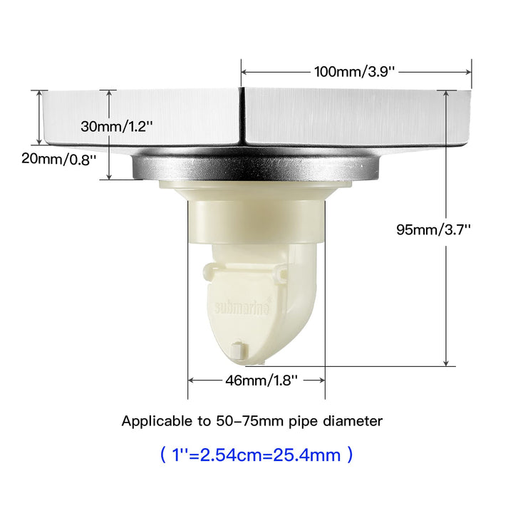 SUBMARINE Square Shower Drain 4 Inch, Shower Drain Cover Can be Embedded in Ceramic Tile, Built-in Hair Filter Screen and Floor Drain Backflow Preventer, Suitable for Bathroom and Kitchen