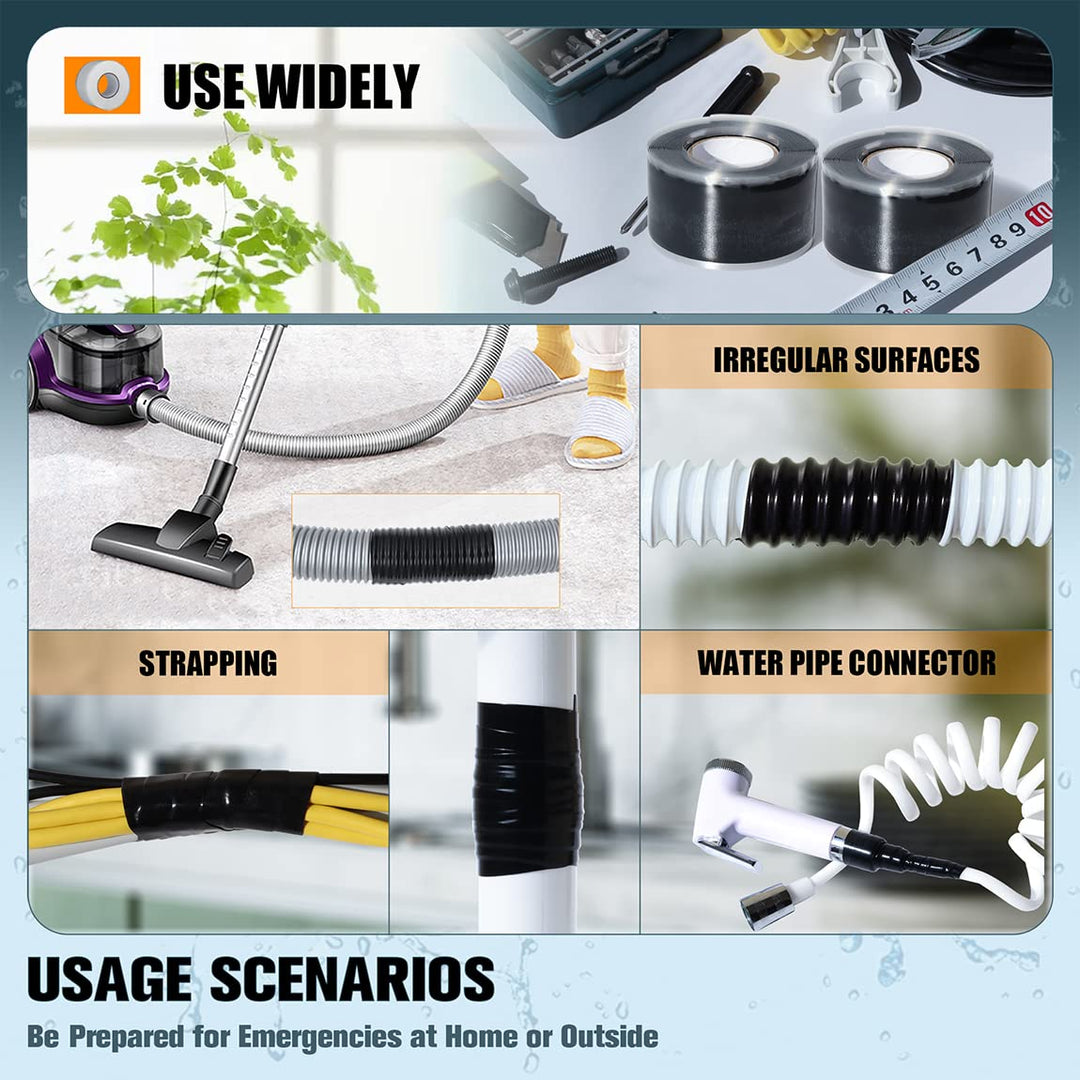 VOTMELL 2 Rolls 1in(W) X 10ft(L) Self Fusing Silicone Tape,Waterproof Rubber, Water Leak Seal Tape,Rescue Tape,Plumbing Hose Repair Tape, Without Adhesive,Black