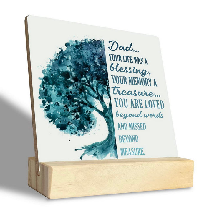 Dad Memorial Wooden Table Sign With Stand - Sympathy Plaque for Bereavement, Funeral, Loss - Elegant In Loving Memory Condolence Gift