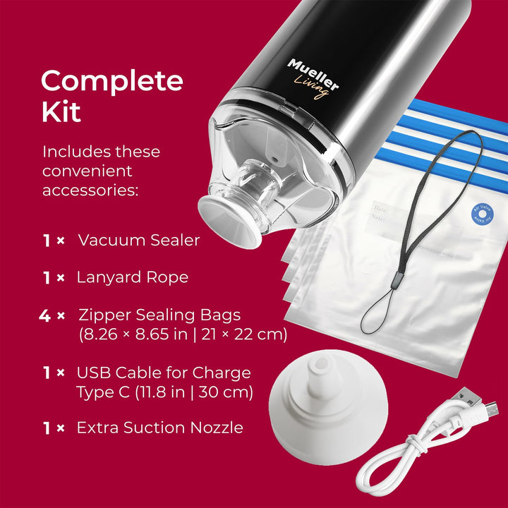MuellerLiving Cordless Portable Food Vacuum Sealer Seals up to 60 bags, Automatic Shut Off and includes 4 Starter Bags