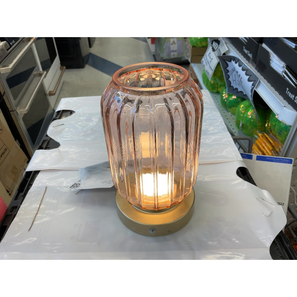Pink Glass Table Lamp - Ribbed Design, Gold Base