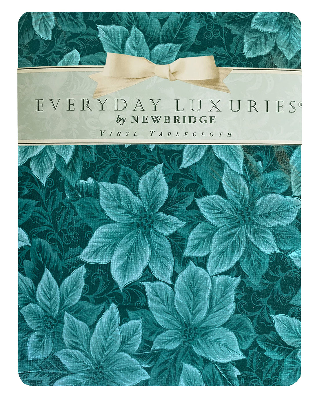 Newbridge Hunter Green Poinsettia Scroll Vinyl Christmas Tablecloth with Flannel Backing, Poinsettia and Holly Damask Look Vinyl Flannel Back Tablecloth, 60” x 84” Oval Retail $13.00