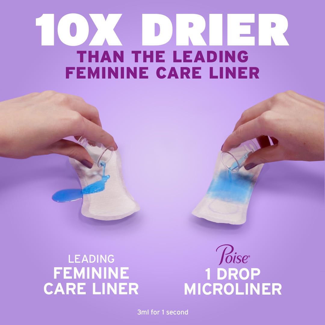 Poise Daily Microliners, Incontinence Panty Liners for Bladder Leaks, 1 Drop Lightest Absorbency, Long Length, 50 Count of Pantiliners