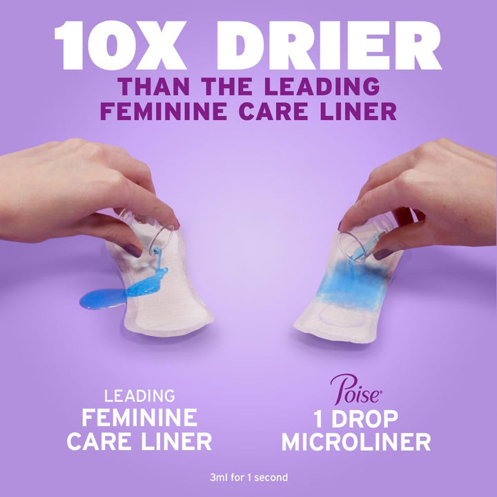 Poise Daily Microliners, Incontinence Panty Liners for Bladder Leaks, 1 Drop Lightest Absorbency, Long Length, 50 Count of Pantiliners