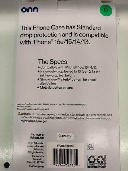 onn. iPhone 16e/15/14/13 Phone Case - 10' Drop Protection, Standard Protection, Metallic Button Covers, Glitter Pink Retail $15.00