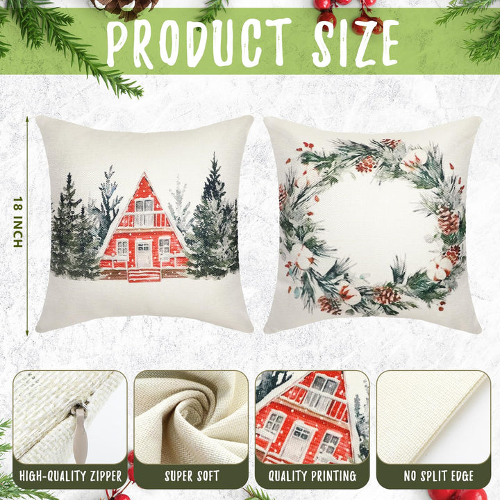 Preboun 4 Sets Christmas Pillow Covers Decorations Rustic Watercolor Winter Holiday Cushion Covers Xmas Tree Wreath Throw Pillow Case for Farmhouse Home Decor(18 x 18 Inch)