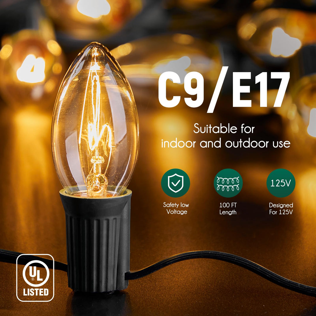C9 Light Strand, 100 FT Outdoor String Lights Christmas Stringer with 100 Sockets for Christmas Decor Patio, E17 Light Socket, 12 Spacing, Black Wire
