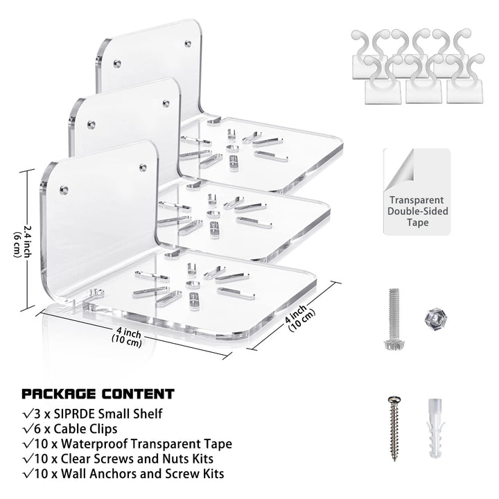 SIPRDE Acrylic Small Wall Shelf Set of 3 for Security Cameras, Speakers, Baby Monitors & More - 4'' Universal Adhesive Shelf Easy to Install No Drill, with Cable Clips (Clear)