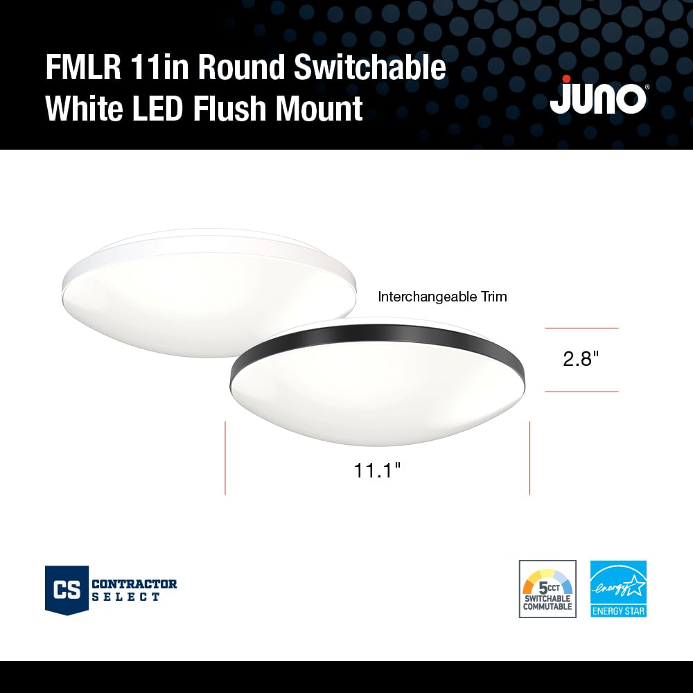 Juno 11 Inch Round LED Flush Mount Ceiling Light, Low Profile Modern Ceiling Light Fixture, Selectable 2700K/3000K/3500K/4000K/5000K Color Temperature, Dimmable, White (FMLR 11IN SWW5 90CRI WBT M4) Retail $35.99