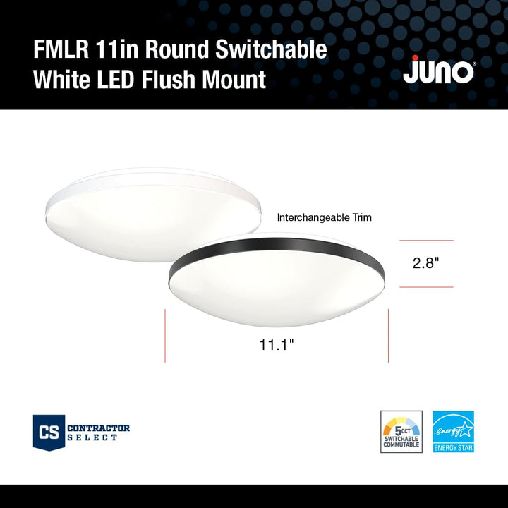 Juno 11 Inch Round LED Flush Mount Ceiling Light, Low Profile Modern Ceiling Light Fixture, Selectable 2700K/3000K/3500K/4000K/5000K Color Temperature, Dimmable, White (FMLR 11IN SWW5 90CRI WBT M4) Retail $35.99