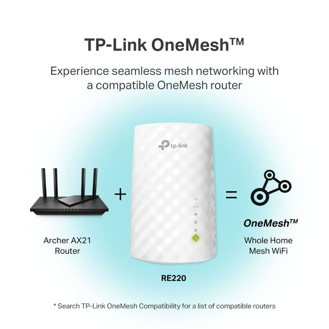 TP-Link WiFi Extender with Ethernet Port, Dual Band 5GHz/2.4GHz, Up to 44% More Bandwidth Than Single Band, Covers Up to 1200 Sq.ft and 30 Devices, Signal Booster Amplifier Supports OneMesh(RE220)