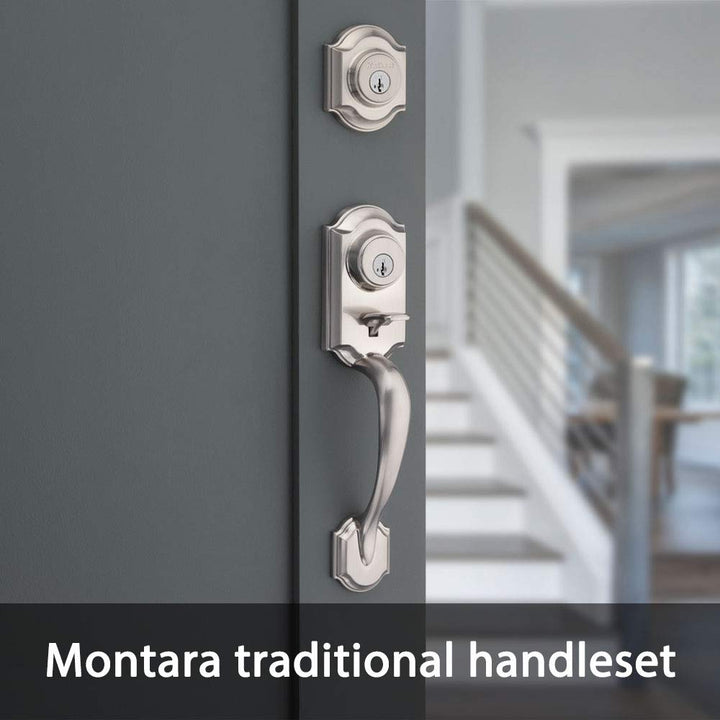 Kwikset Montara Front Door Lock Handle and Deadbolt Set, Entry Handleset Exterior with Interior Door Knob, Satin Nickel, Pick Resistant SmartKey Rekey Deadbolt Security