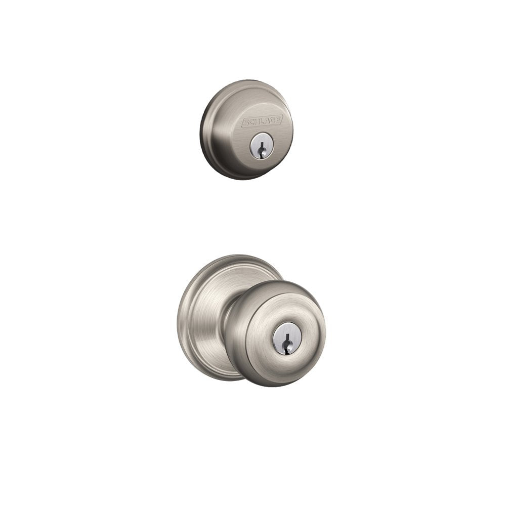 SCHLAGE Satin Nickel FB50N V GEO 619 B60 Single Cylinder Deadbolt and F51 Entry Georgian Knob Keyed Alike, Finish, Security Set Retail $49.99