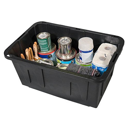 27 Gallon Black Tote with Standard Snap Lid Heavy duty Construction For Garage and Workshop Use Retail $40.00