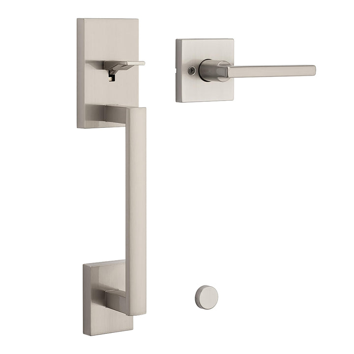 Kwikset San Clemente Front Door Handle No Lock, Entry Handleset Exterior with Interior Reversible Handed Lever, Non-Locking, Satin Nickel, Deadbolt Not Included, with Microban Protection Retail $120.00