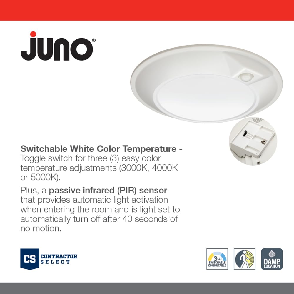 Juno JSBT 6-Inch SlimBasics Tapered Disk Downlight, Switchable + PIR Sensor, White (1 Pack) Retail $15.99