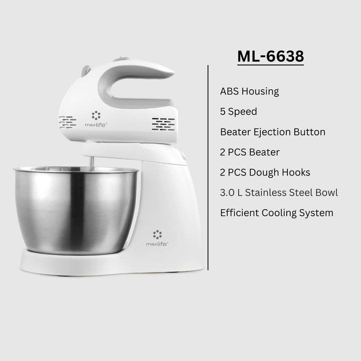 Max Life 3.2 Quarts Stand Mixer - 5-Speed Electric Powerful Stand Mixer, White, with Stainless Steel Bowl, Dough Hooks, Beaters,