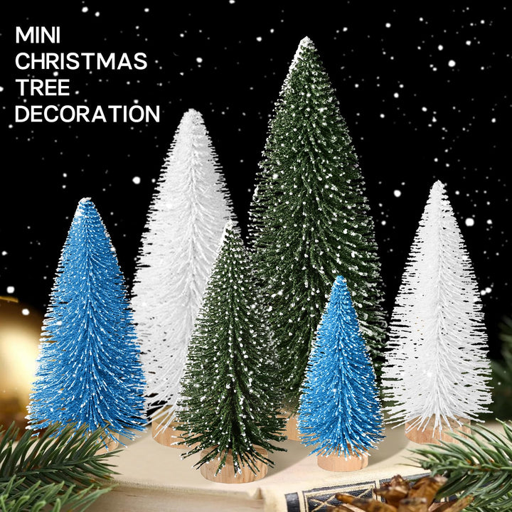 6pcs Mini Christmas Trees Christmas Decor, Artificial Christmas Mini Bottle Brush Trees Tabletop, Christmas Decoration Trees with 4 Size Xmas Holiday Decor (6pcs Green+Blue+White)