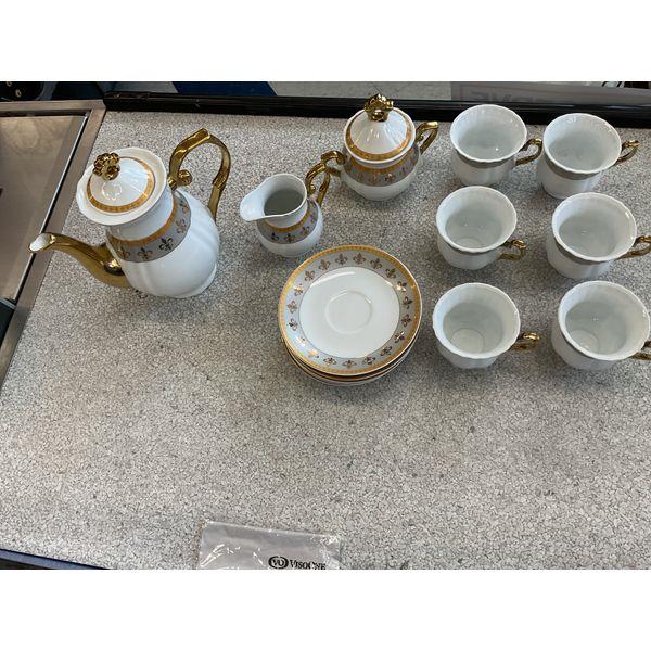 Viscnie Porcelain Tea Set - 15 Piece, White with Gold Fleur-de-lis Trim Retail $150.00