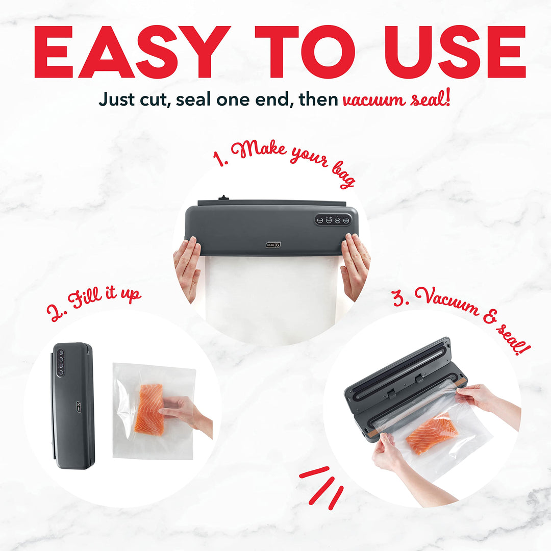 DASH SuperSeal™ Vacuum Sealer for Food Storage and Sous Vide, Perfect for Preserving Fresh Ingredients, Single Use & Reusable Bags and Cutter Included - Grey