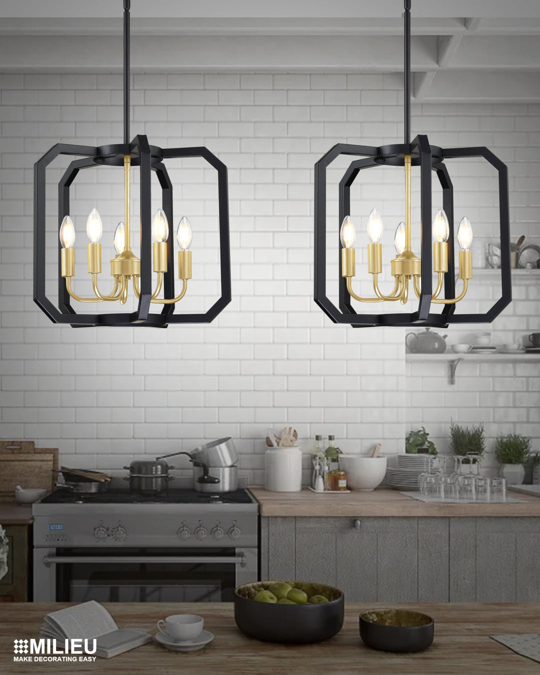 Doraimy Lighting 5 Light Farmhouse Adjustable Rod Black Pendant Light Fixtures Gold Finish,Rustic Hanging Ceiling Chandelier Light for Foyer Dining Room Kitchen Island Hallway
