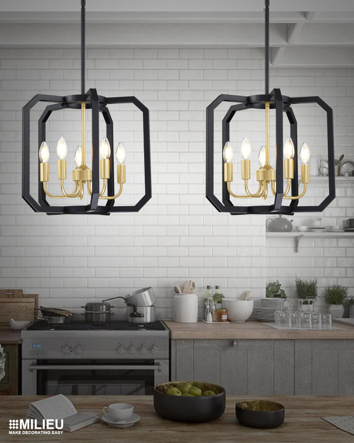 Doraimy Lighting 5 Light Farmhouse Adjustable Rod Black Pendant Light Fixtures Gold Finish,Rustic Hanging Ceiling Chandelier Light for Foyer Dining Room Kitchen Island Hallway