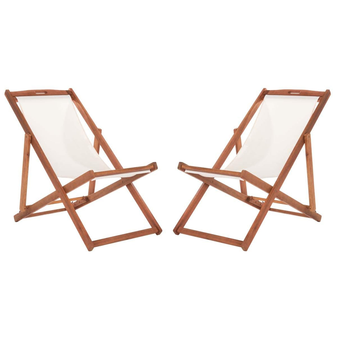 SAFAVIEH Outdoor - Loren Folding Sling Chair Set of 2 - Brown & Beige - Solid Wood Frame - Portable Bistro Design - Ideal for Patio, Deck, Poolside, Backyard, 24" W x 43" D x 25" H (PAT7040E-SET2) Retail $288.00