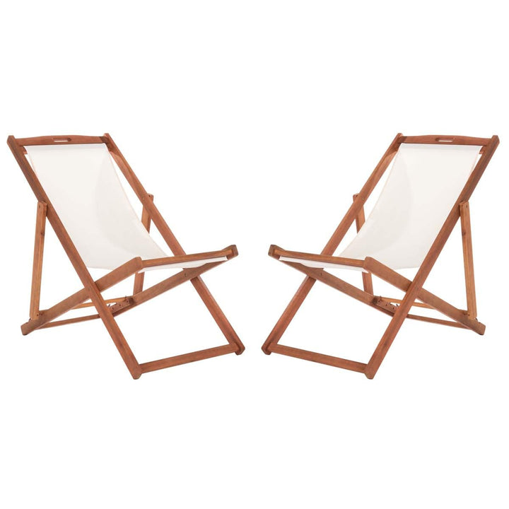 SAFAVIEH Outdoor - Loren Folding Sling Chair Set of 2 - Brown & Beige - Solid Wood Frame - Portable Bistro Design - Ideal for Patio, Deck, Poolside, Backyard, 24" W x 43" D x 25" H (PAT7040E-SET2) Retail $288.00