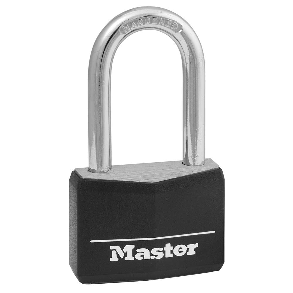 Master Lock Black Covered Aluminum Lock, Gym Locker Lock with Key, Outdoor Padlock with Long Shackle for Gates, Fences, Toolboxes, and More,141DLF Retail $8.99
