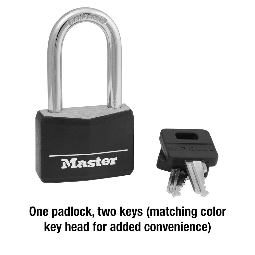 Master Lock Black Covered Aluminum Lock, Gym Locker Lock with Key, Outdoor Padlock with Long Shackle for Gates, Fences, Toolboxes, and More,141DLF Retail $8.99