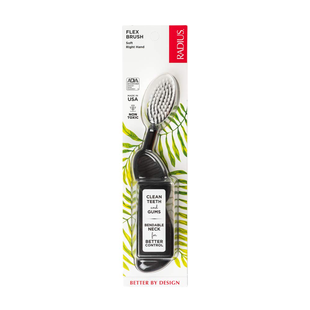 Radius Toothbrush, Flex Brush, Soft Bristles, Right Handed, Black Brush with White Bristles, BPA Free & ADA Accepted, Pack of 1 (Package May Vary)