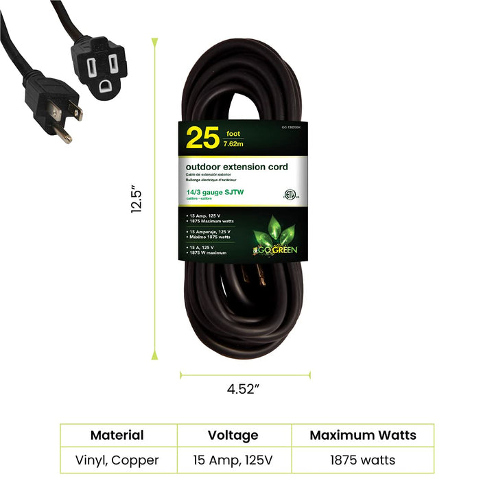 Go Green Power Inc. 16/3 25ft Black Outdoor Extension Cord - Reliable, Heavy Duty - Ideal for Outdoor Tools & Equipment - GG-13725BK