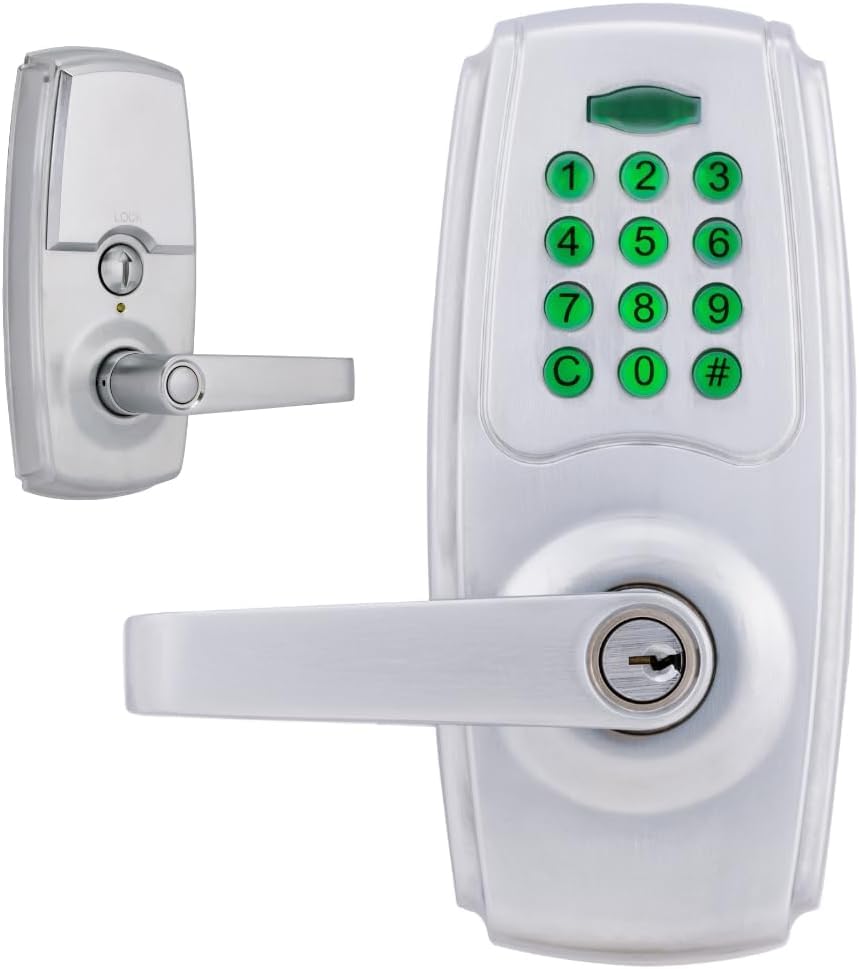 BRINKS ANSI Grade 2 Keypad Door Lock with Handle for Commercial & Residential Use, Keyless Entry Door Lock, 99 User Codes, Auto-Relock, Battery with Backup Keyway (Satin Nickel) Retail $156.84