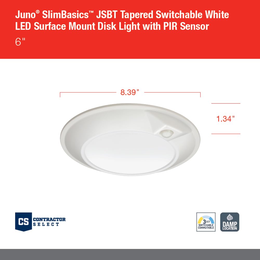 Juno JSBT 6-Inch SlimBasics Tapered Disk Downlight, Switchable + PIR Sensor, White (1 Pack) Retail $15.99
