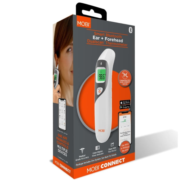 MOBI CONNECT Smart DualScan Bluetooth Ear & Forehead Thermometer - Backlit Screen, LED Fever Indicators, Memory Recall of Last 20 Readouts, Farenheit & Celsius Mode, Room Temperate with Date & Time Retail $24.00