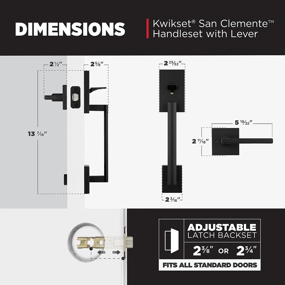 Kwikset San Clemente Front Door Handle No Lock, Entry Handleset Exterior with Interior Reversible Handed Lever, Non-Locking, Matte Black, Deadbolt Not Included, with Microban Protection