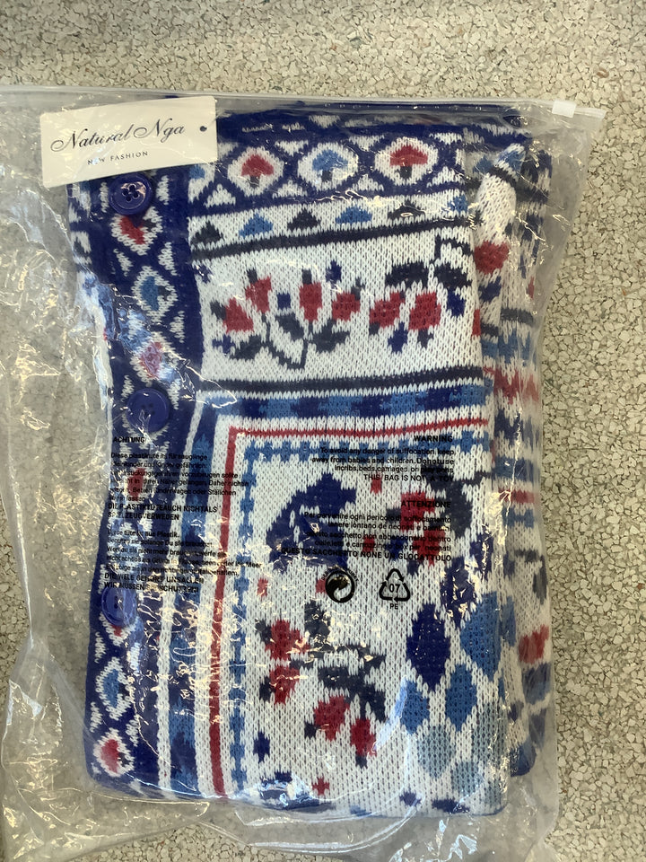 Natural Nga Blue Red Pineapple Intarsia Knit Longline Cardigan Sweater