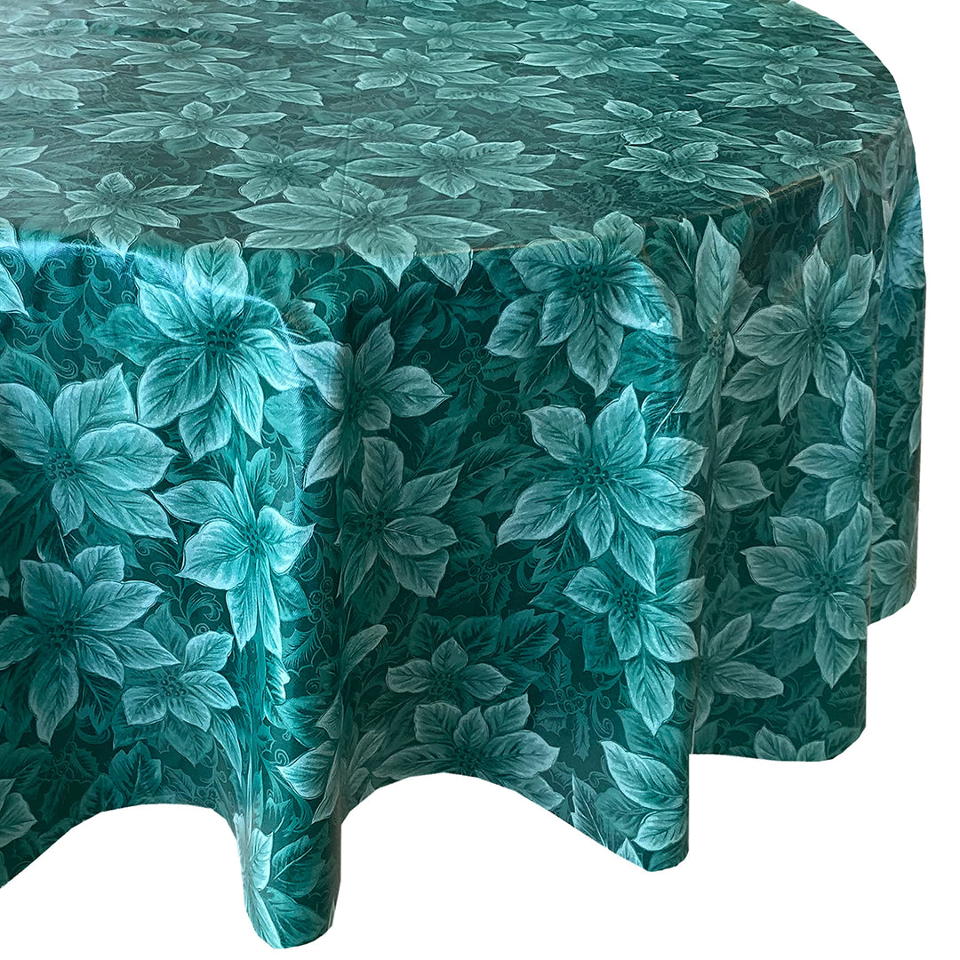 Newbridge Hunter Green Poinsettia Scroll Vinyl Christmas Tablecloth with Flannel Backing, Poinsettia and Holly Damask Look Vinyl Flannel Back Tablecloth, 60” x 84” Oval Retail $13.00