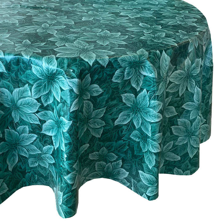 Newbridge Hunter Green Poinsettia Scroll Vinyl Christmas Tablecloth with Flannel Backing, Poinsettia and Holly Damask Look Vinyl Flannel Back Tablecloth, 60” x 84” Oval Retail $13.00