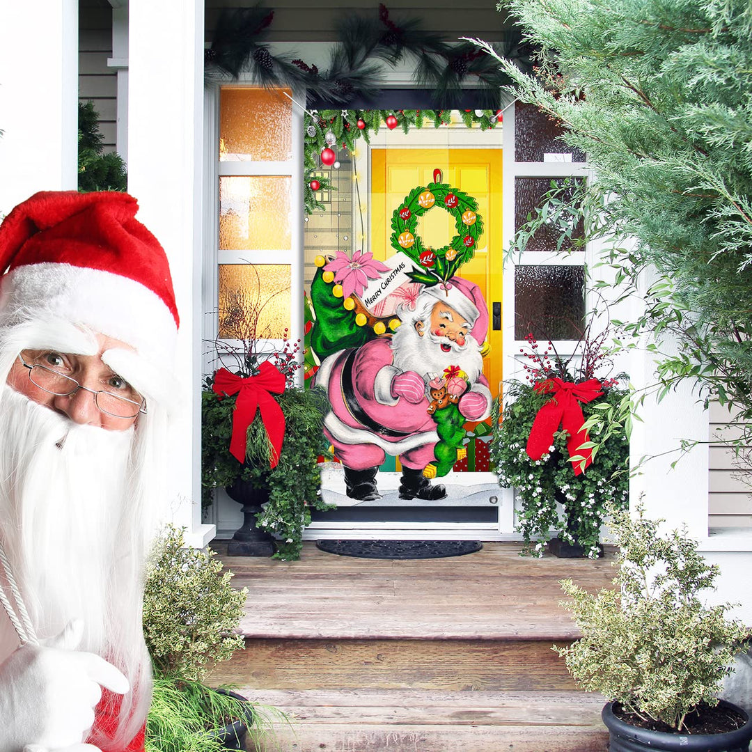 Chinthie Merry Christmas Decorations Pink Santa Claus Door Cover Backdrop Funny Xmas Hanging Banner Christmas Eve Porch Sign Photo Booth Prop for Year Indoor Outside Front Door Party Supplies