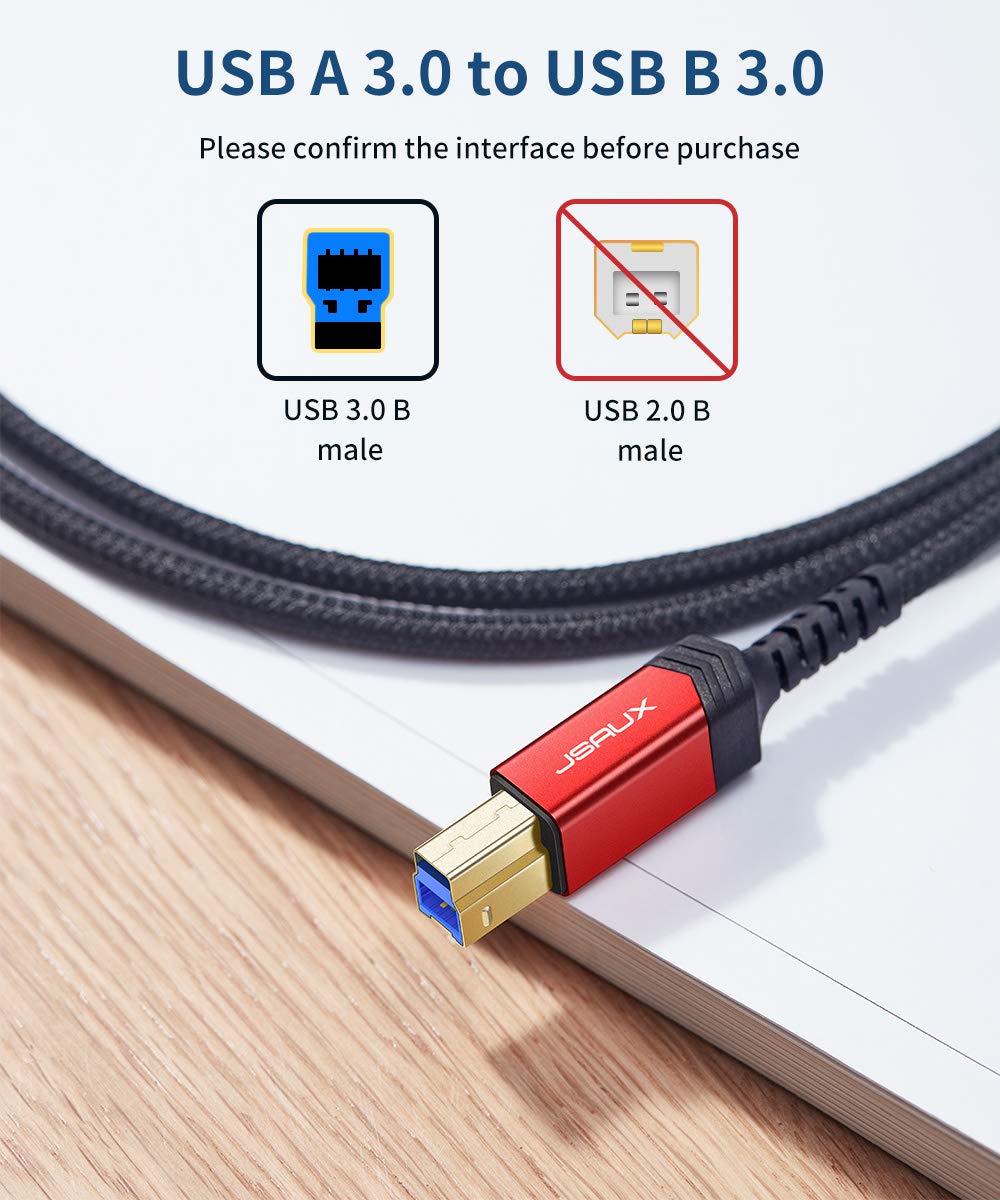 JSAUX USB 3.0 Printer Cable, Type A Male to B 3.0 Male (10ft/3M) USB 3.0 Type B Upstream Cord Nylon Braided Compatible with Docking Station, External Hard Drivers, Scanner, Printer and More(Black)