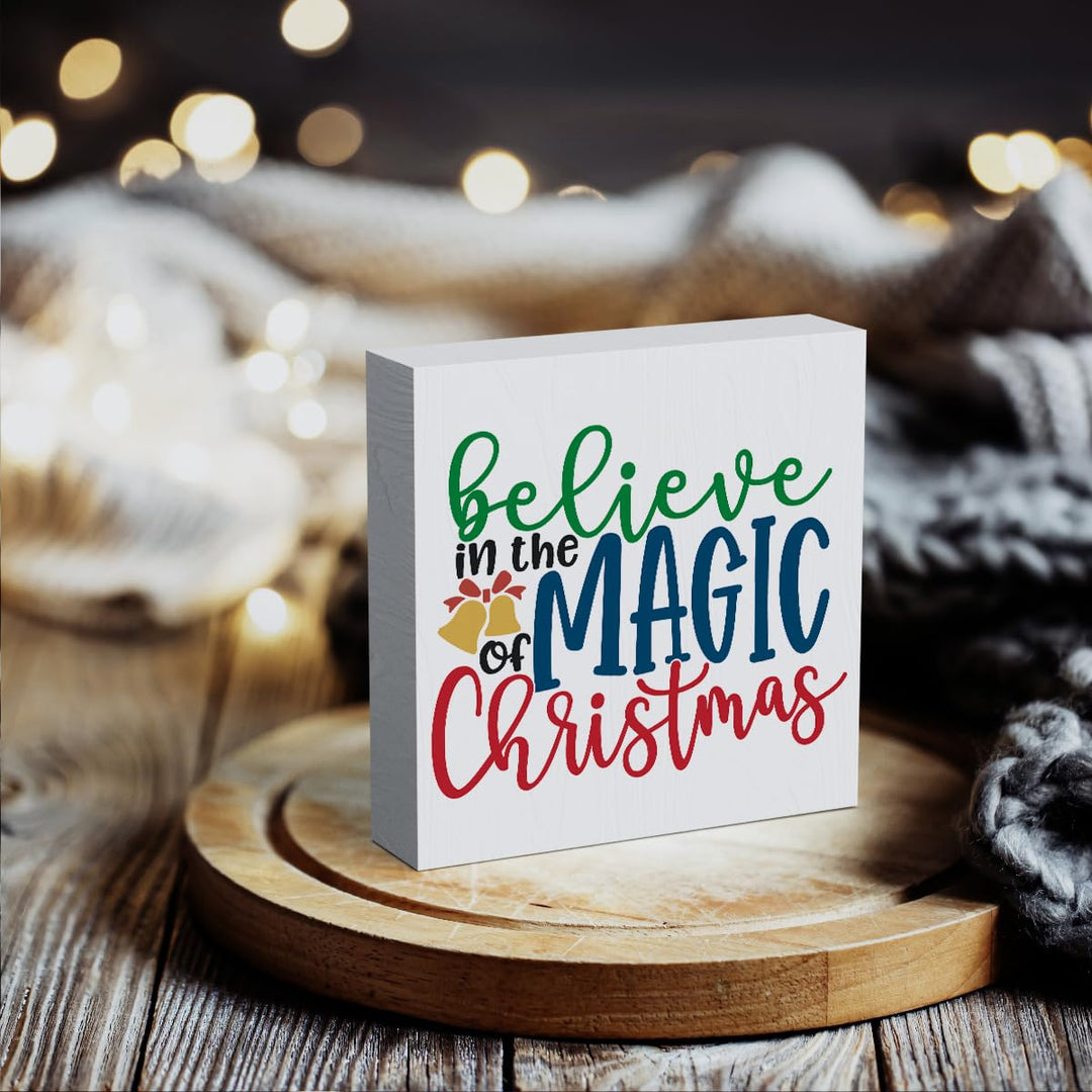 Funny Christmas Wooden Box Sign Plaque Believe in the Magic of Christmas Wood Box Sign Rustic Art Home Shelf Desk Decor 5 x 5 x 1 Inches